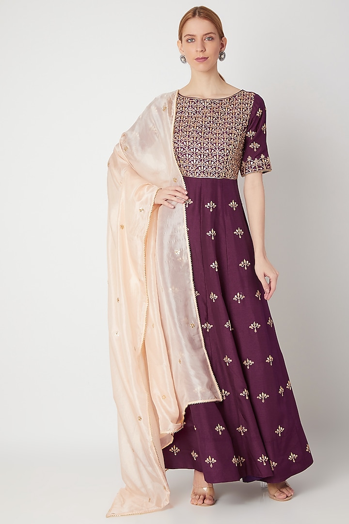Wine Embroidered Anarkali Gown With Dupatta by The Jaipur Story