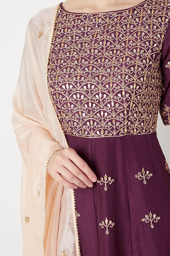 Wine Embroidered Wedding Anarkali Gown With Dupatta by The Jaipur Story at Pernia's Pop Up Shop
