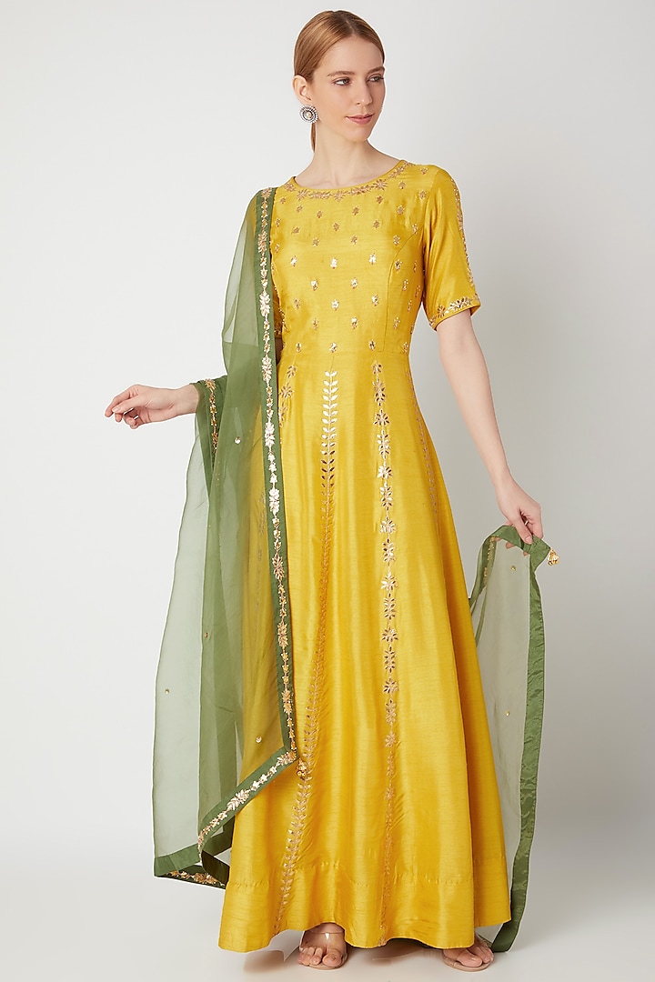 Mustard Yellow Embroidered Anarkali Gown With Dupatta by The Jaipur Story