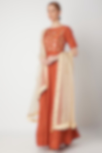 Orange Embroidered Anarkali Gown With Dupatta by The Jaipur Story