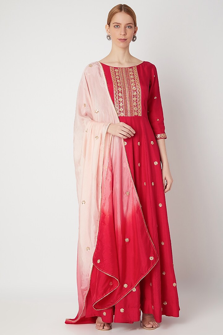 Red Embroidered Anarkali With Dupatta by The Jaipur Story