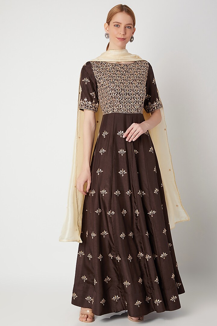 Brown Embroidered Anarkali Gown With Dupatta by The Jaipur Story