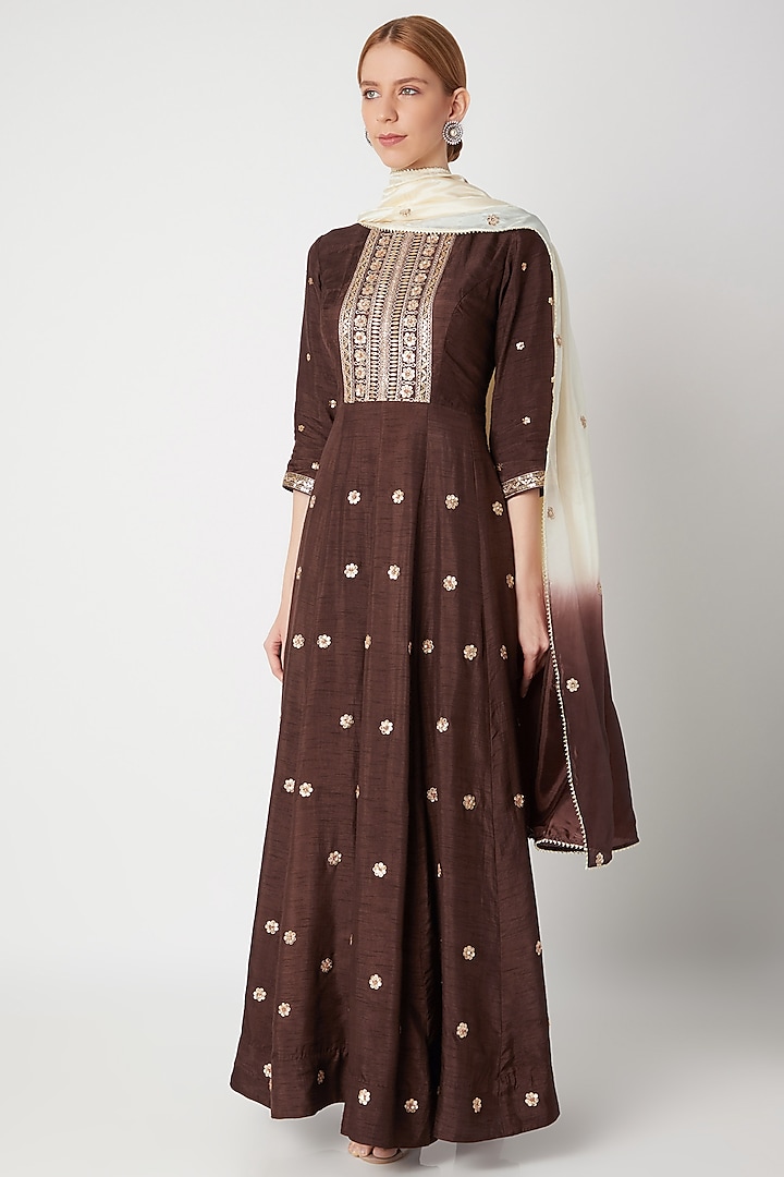 Brown Embroidered Anarkali With Shaded Dupatta by The Jaipur Story