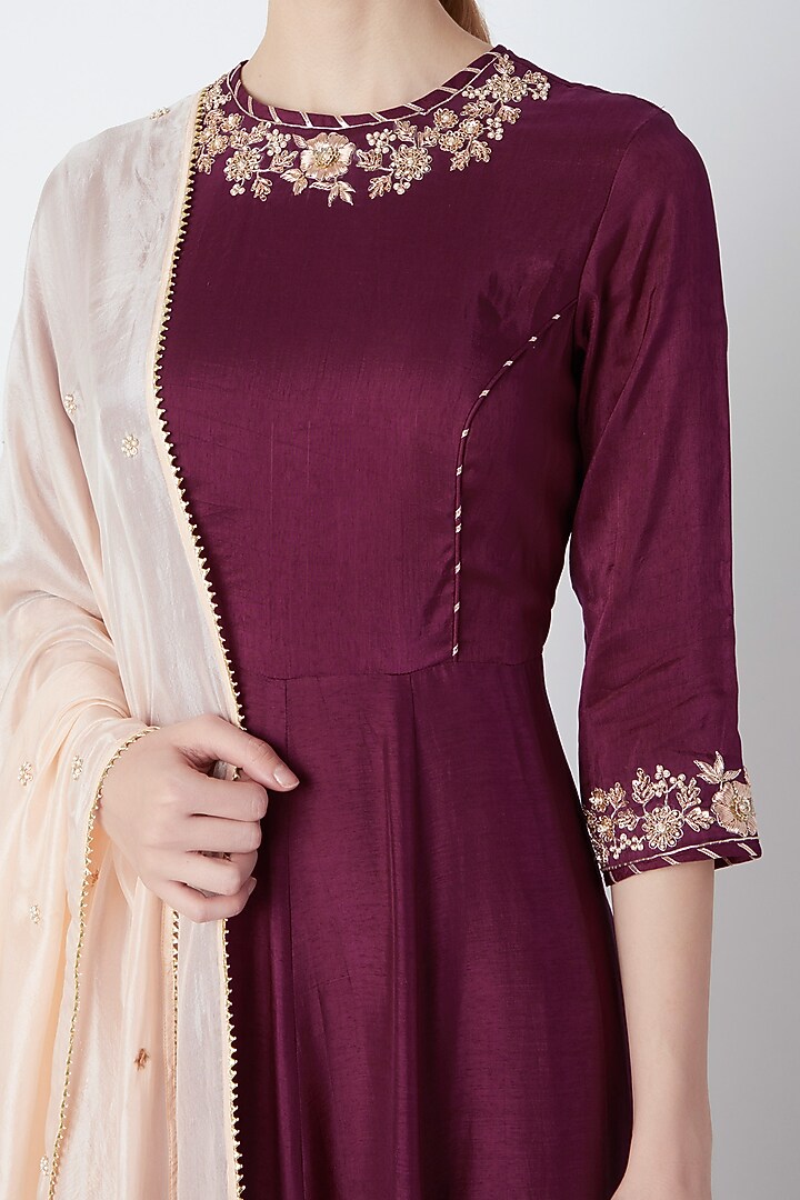 Wine Embroidered Wedding Anarkali With Dupatta by The Jaipur Story at Pernia's Pop Up Shop