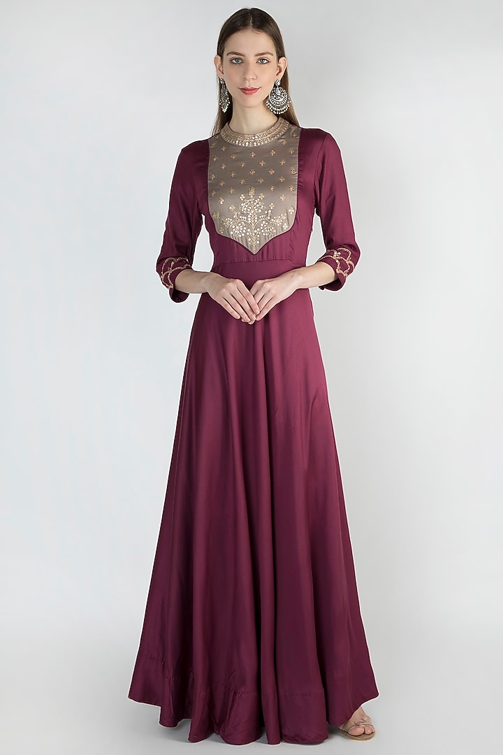 Wine Sequins Embroidered Party Wear Gown by The Jaipur Story at Pernia's Pop Up Shop