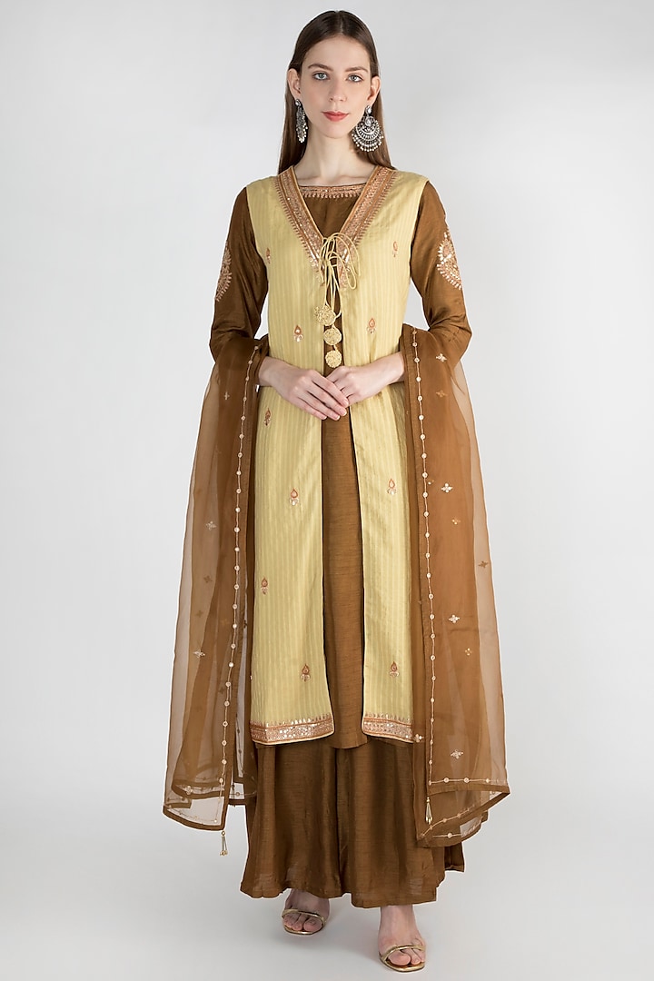 Hazel Brown Embroidered Kurta Set With Jacket by The Jaipur Story