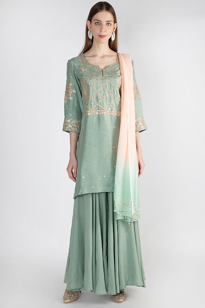 Moss Green Embroidered Kurta Gharara Set by The Jaipur Story at Pernia's Pop Up Shop