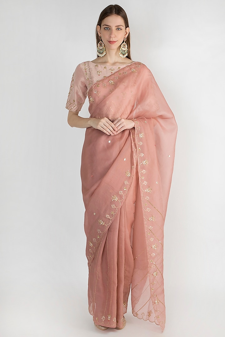 Brick Pink Embroidered Saree Set by The Jaipur Story