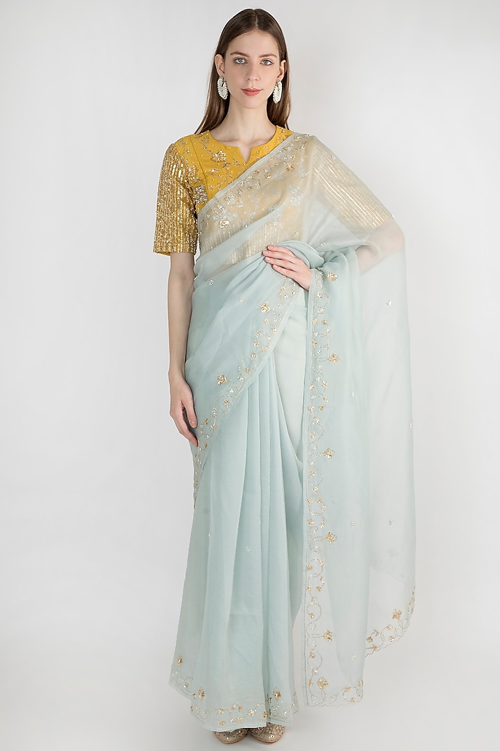 Baby Blue Embroidered Saree Set by The Jaipur Story