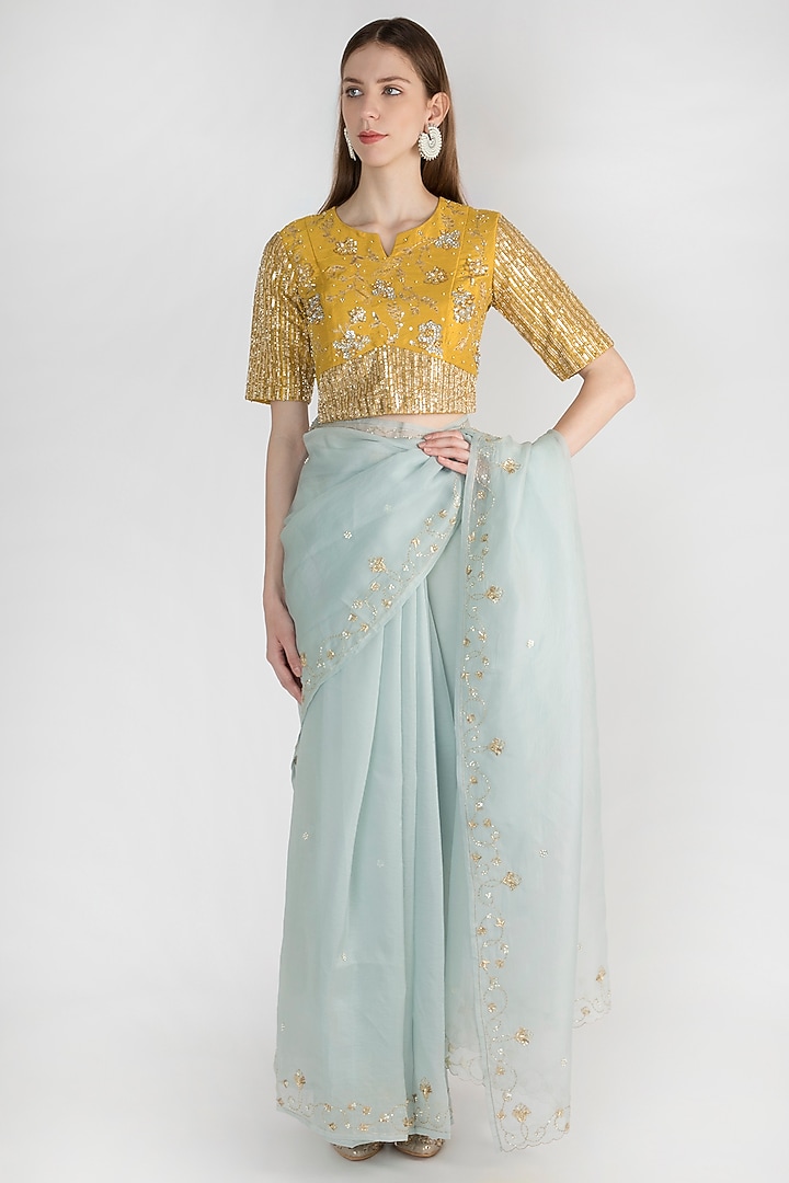 Baby Blue Embroidered Wedding Saree Set by The Jaipur Story at Pernia's Pop Up Shop