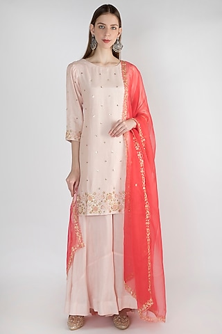 Pastel Pink Embroidered Kurta Palazzo Set by The Jaipur Story