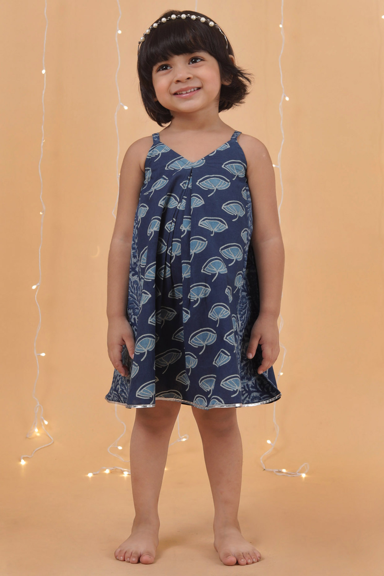 Indigo Blue Cotton Slub Printed Flared Gathered Dress For Girls by Tjori at Pernia's Pop Up Shop