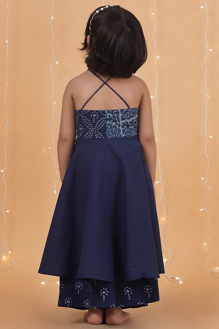 Indigo Blue Cotton Slub Printed Tiered Kurta Set For Girls by Tjori India pvt ltd at Pernia's Pop Up Shop