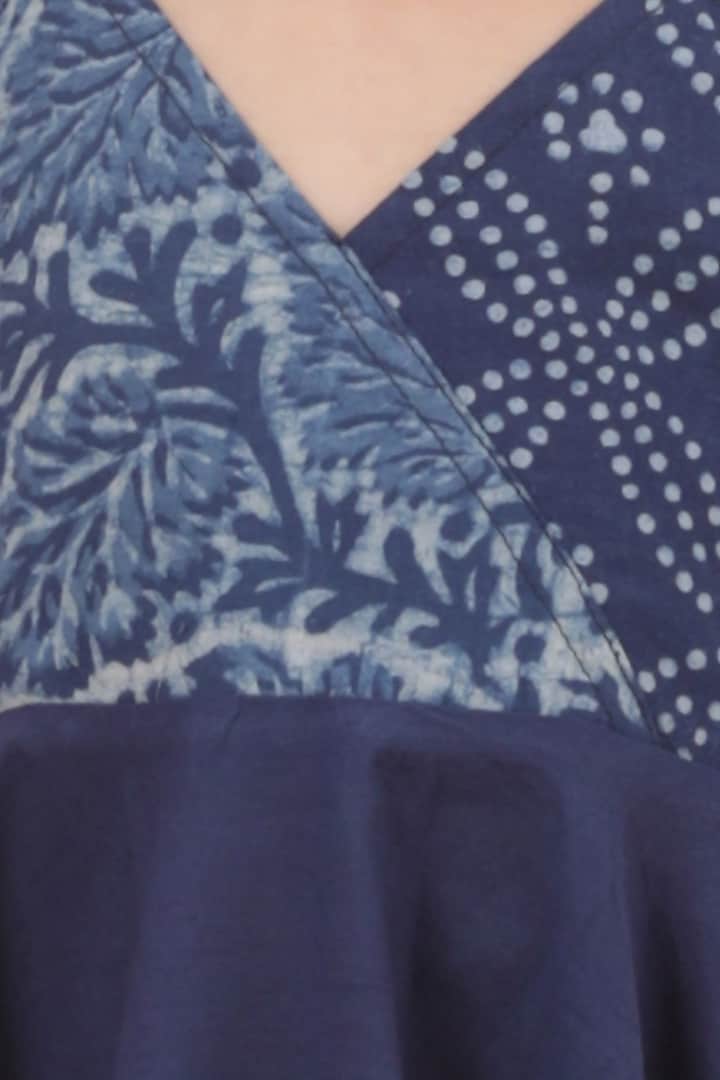 Indigo Blue Cotton Slub Printed Tiered Kurta Set For Girls by Tjori India pvt ltd at Pernia's Pop Up Shop