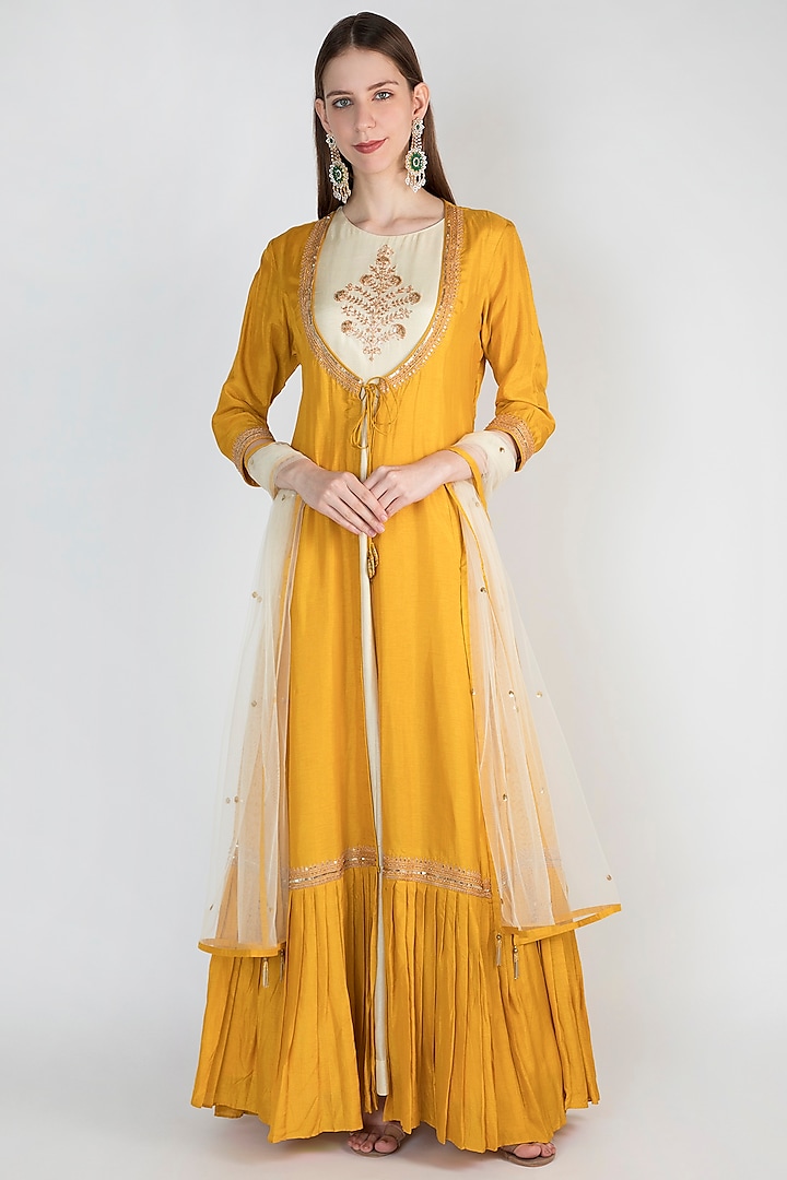 Off White Gown With Mustard Yellow Embroidered Jacket & Dupatta by The Jaipur Story