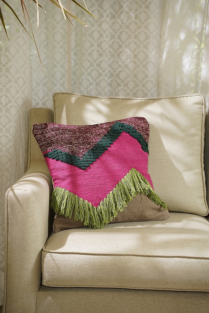Pink & Green Natural Cotton Handwoven Cushion Cover by The Kargha Story