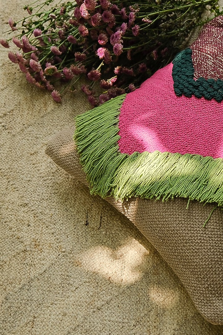 Pink & Green Natural Cotton Handwoven Cushion Cover by The Kargha Story at Pernia's Pop Up Shop