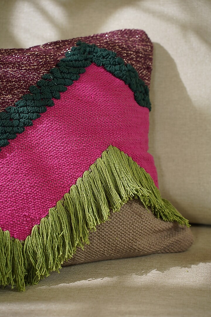 Pink & Green Natural Cotton Handwoven Cushion Cover by The Kargha Story at Pernia's Pop Up Shop