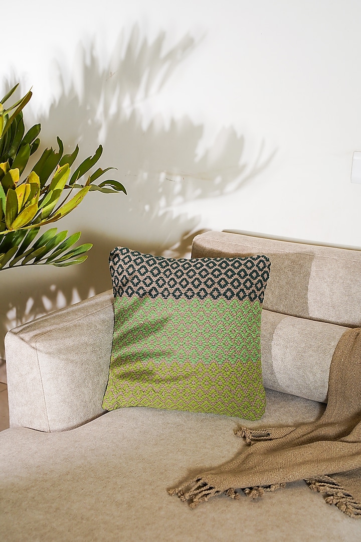 Green & Light Brown Natural Handwoven Cushion Cover by The Kargha Story