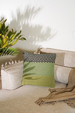 Green & Light Brown Natural Handwoven Cushion Cover by The Kargha Story