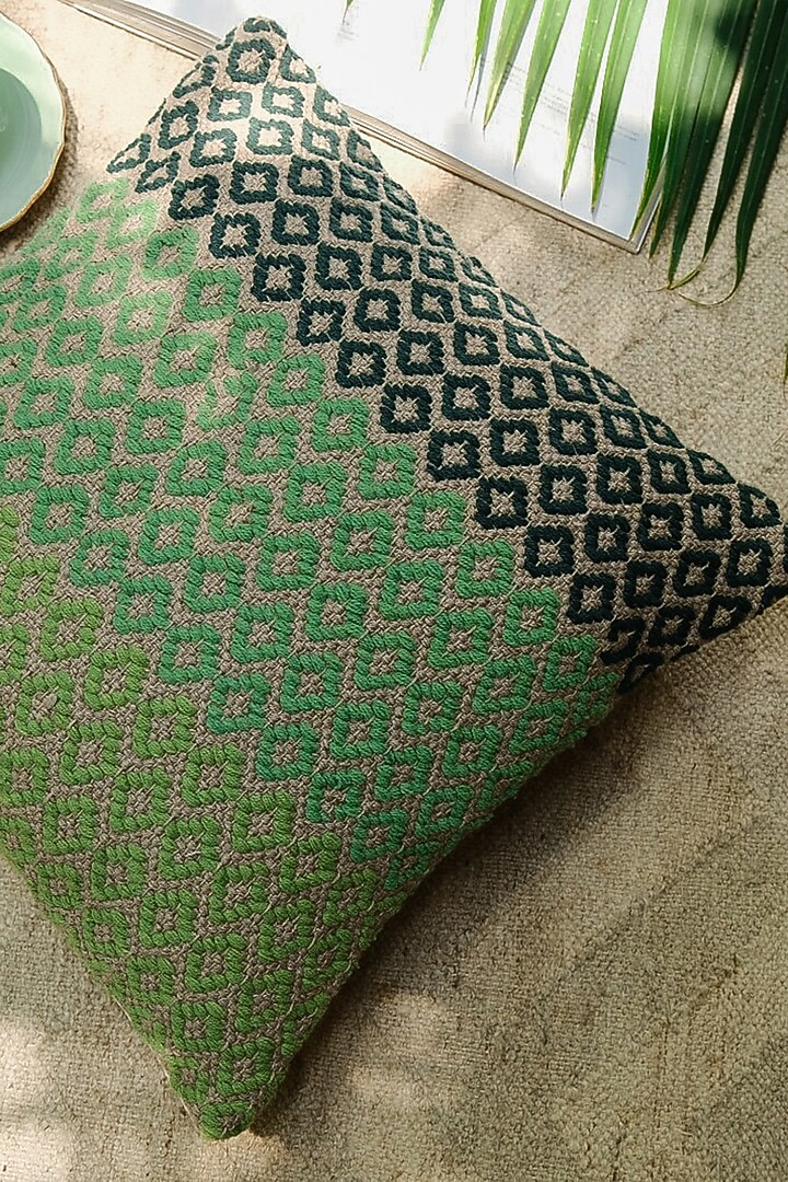 Green & Light Brown Natural Handwoven Cushion Cover by The Kargha Story at Pernia's Pop Up Shop