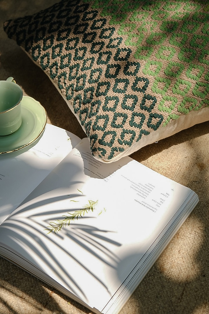 Green & Light Brown Natural Handwoven Cushion Cover by The Kargha Story at Pernia's Pop Up Shop