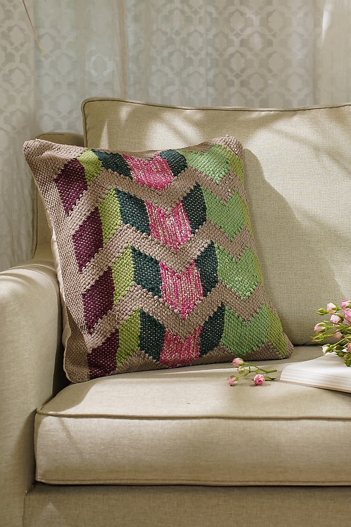 Green & Brown Natural Cotton Handwoven Cushion Cover by The Kargha Story