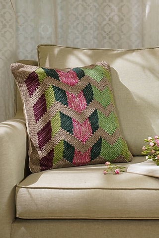 Green & Brown Natural Cotton Handwoven Cushion Cover by The Kargha Story