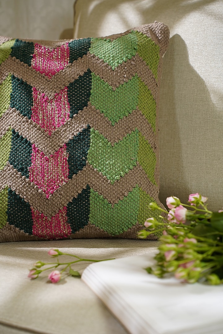 Green & Brown Natural Cotton Handwoven Cushion Cover by The Kargha Story at Pernia's Pop Up Shop