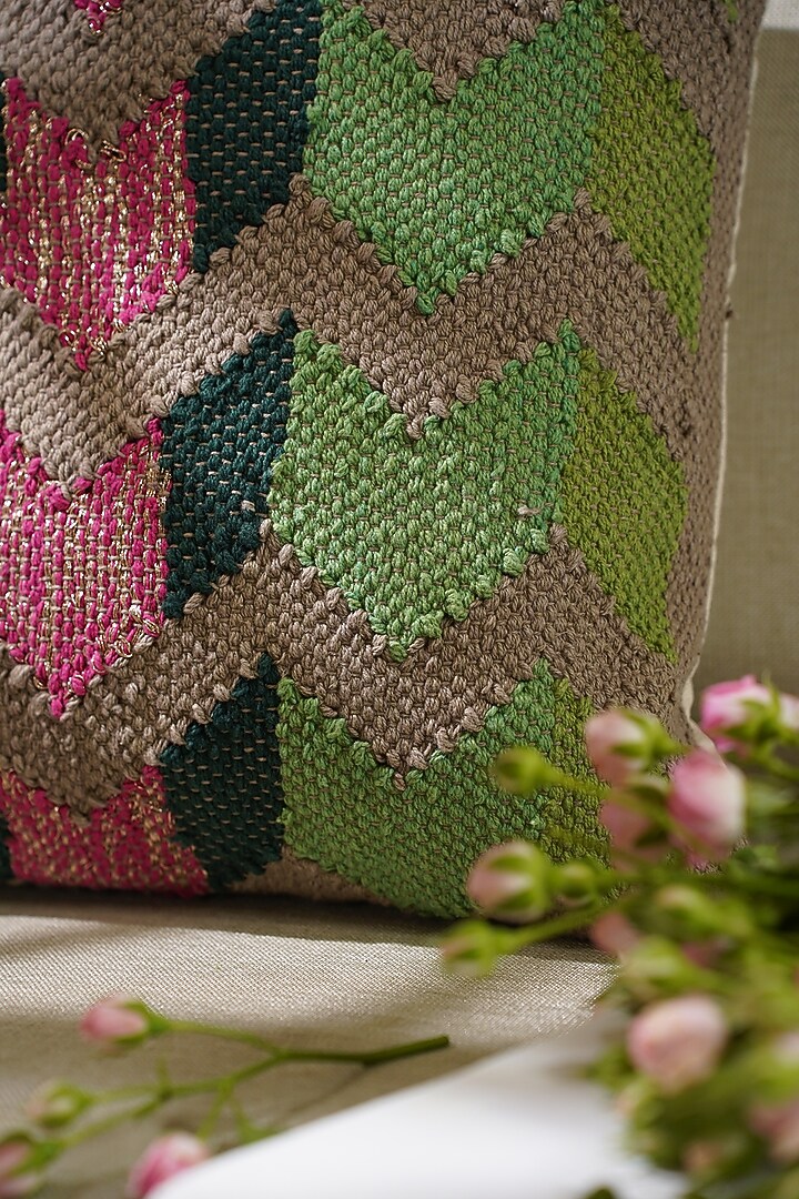 Green & Brown Natural Cotton Handwoven Cushion Cover by The Kargha Story at Pernia's Pop Up Shop