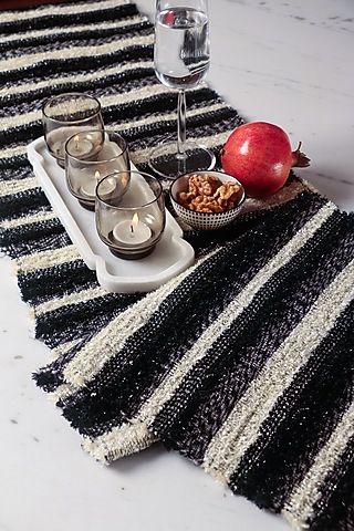 White & Black Handwoven Table Runner by The Kargha Story