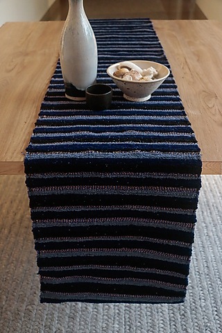 Blue Handwoven Viscose & Jute Table Runner by The Kargha Story