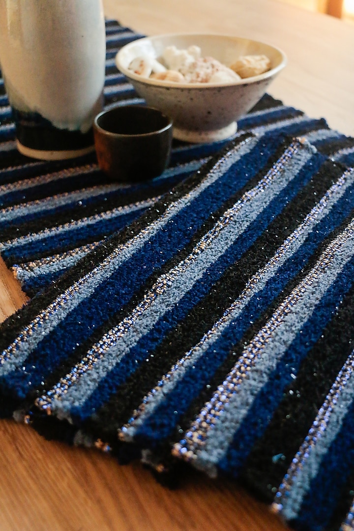 Blue Handwoven Viscose & Jute Table Runner by The Kargha Story at Pernia's Pop Up Shop