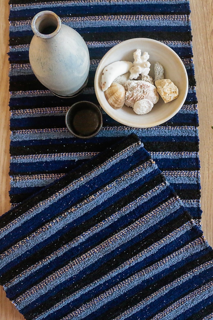 Blue Handwoven Viscose & Jute Table Runner by The Kargha Story at Pernia's Pop Up Shop