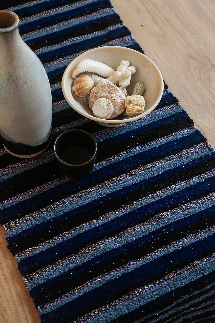 Blue Handwoven Viscose & Jute Table Runner by The Kargha Story at Pernia's Pop Up Shop