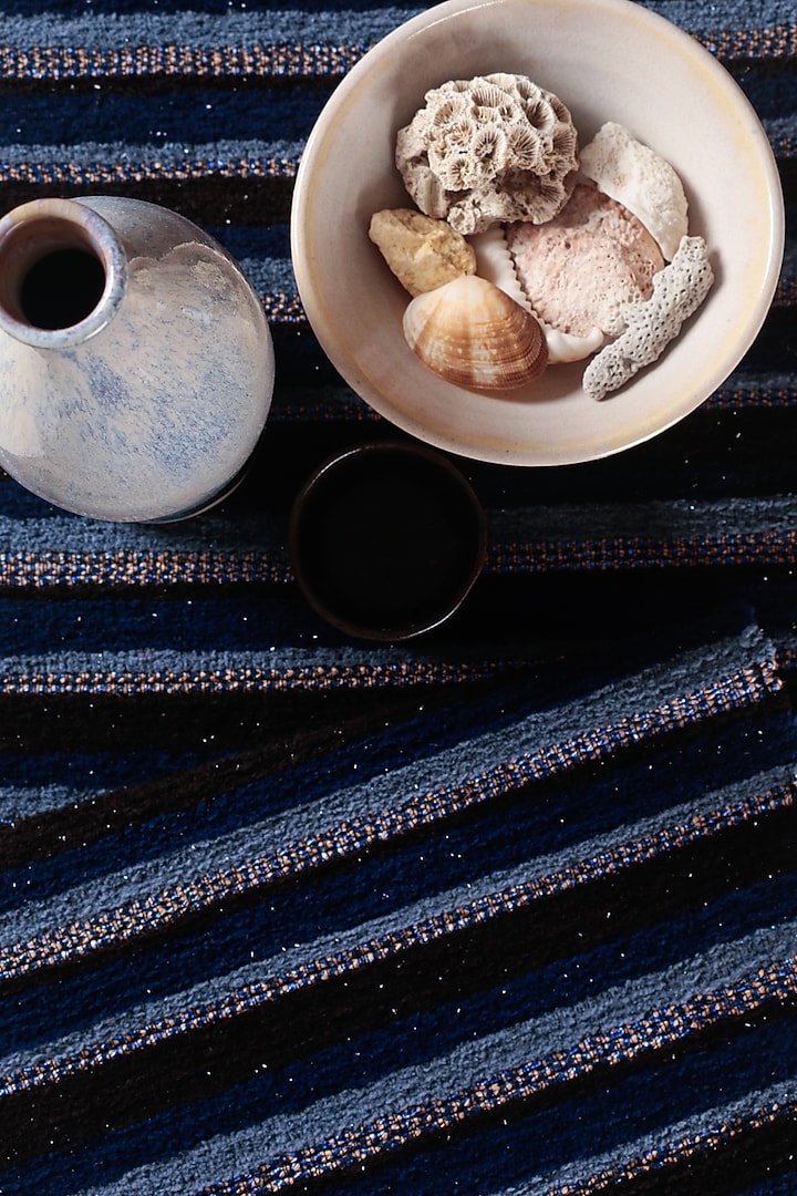 Blue Handwoven Viscose & Jute Table Runner by The Kargha Story at Pernia's Pop Up Shop