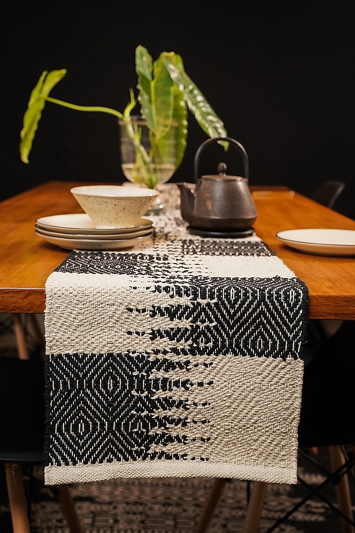 White & Black Handwoven Natural Cotton Table Runner by The Kargha Story