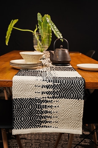 White & Black Handwoven Natural Cotton Table Runner by The Kargha Story