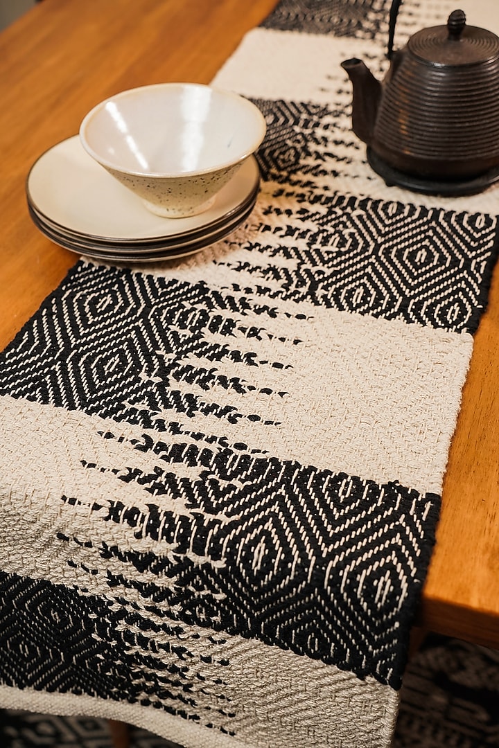 White & Black Handwoven Natural Cotton Table Runner by The Kargha Story at Pernia's Pop Up Shop