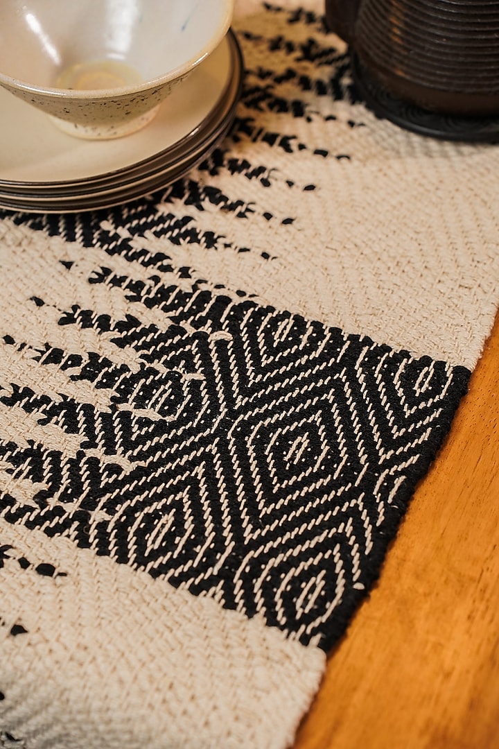 White & Black Handwoven Natural Cotton Table Runner by The Kargha Story at Pernia's Pop Up Shop
