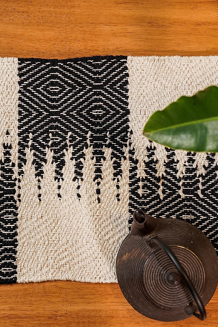 White & Black Handwoven Natural Cotton Table Runner by The Kargha Story at Pernia's Pop Up Shop
