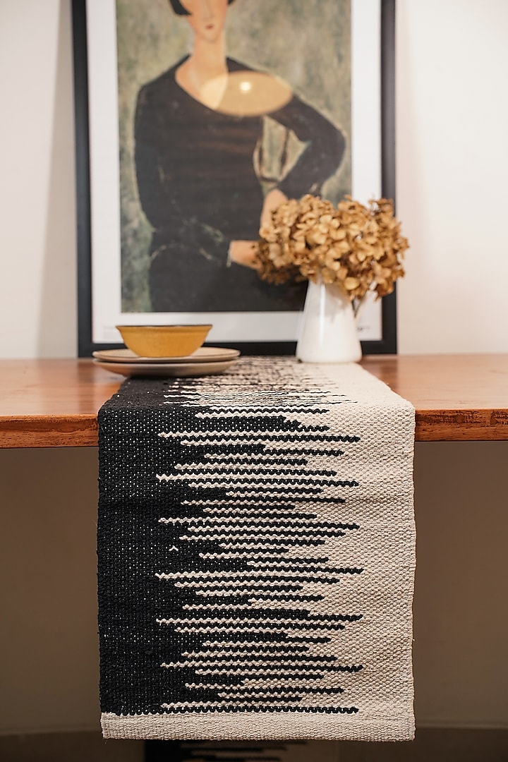 White & Black Handwoven Natural Cotton Table Runner by The Kargha Story
