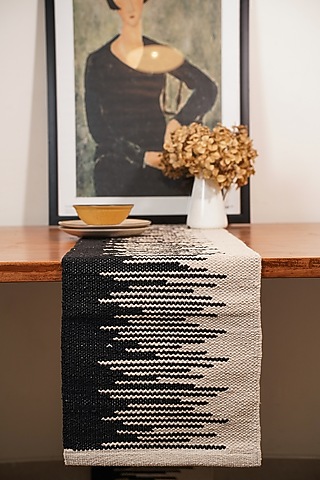 White & Black Handwoven Natural Cotton Table Runner by The Kargha Story