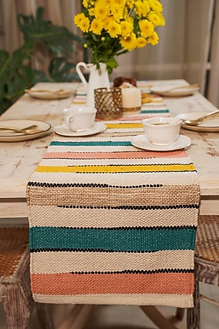 Multi-Coloured Handwoven Cotton & Jute Table Runner by The Kargha Story