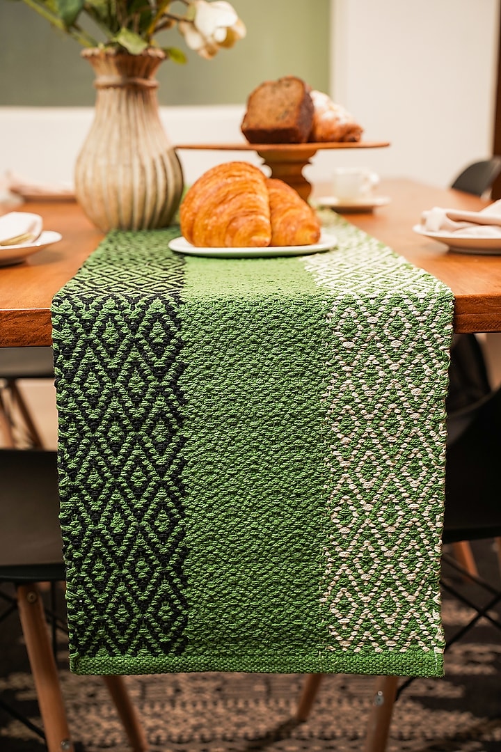 Green Handwoven Natural Cotton Table Runner by The Kargha Story