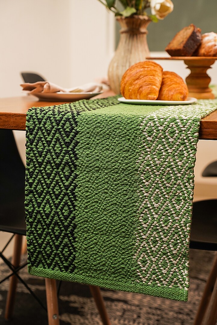 Green Handwoven Natural Cotton Table Runner by The Kargha Story at Pernia's Pop Up Shop