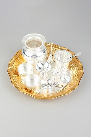 Gold Silver Plated Pooja Thali Set (Set of 10) by The Khabiyas Trunk by KJ