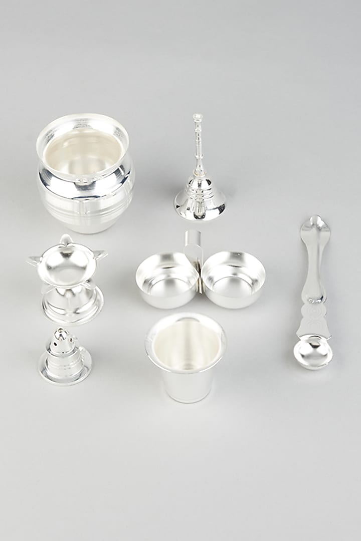 Silver Hand Carved Pooja Thali (Set of 8) by The Khabiyas Trunk by KJ at Pernia's Pop Up Shop