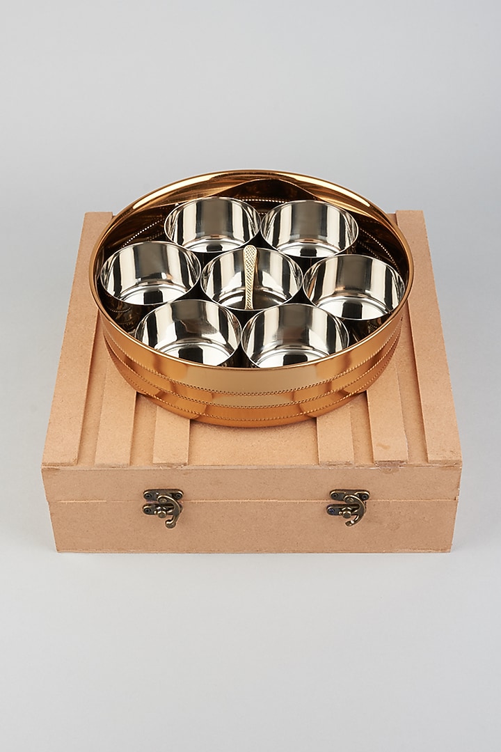 Champagne Gold Indian Spice Box (Set of 10) by The Khabiyas Trunk by KJ at Pernia's Pop Up Shop