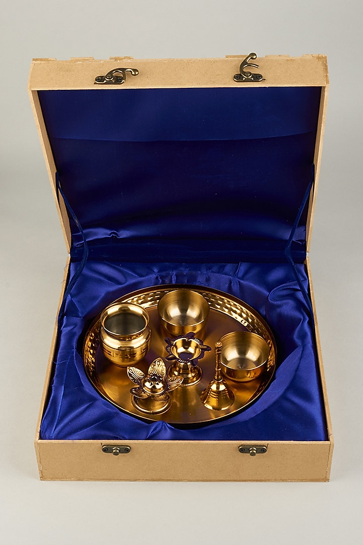 Rose Gold Plated Hand Carved Aarti Thali (Set of 7) by The Khabiyas Trunk by KJ